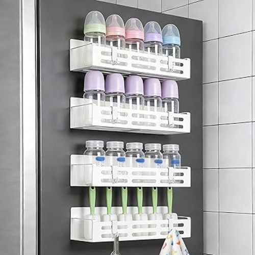 4 Pack Magnetic Baby Bottle Organizer for Refrigerator, Space Saving Bottle Organizer Rack, Durable Metal Shelves with 8 Hooks, Storage for Baby Bottles, Pacifiers, and Brushes