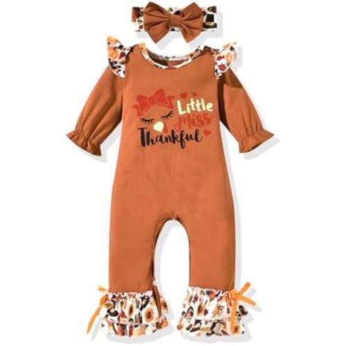 Unutiylo Baby Girl Thanksgiving Christmas Outfit My First Holidays Romper Ruffle Sleeve Jumpsuit with Headband Set