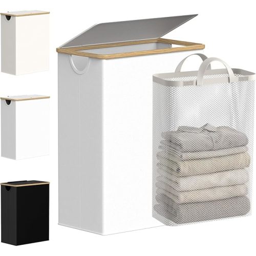 Slim Laundry Basket with Lid, Narrow Laundry Hamper with Removable Bag, Skinny Dirty Clothes Basket with Bamboo Handles for Bathroom, Bedroom & Laundry Room, 65L White