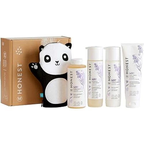 The Honest Company Lavender Bathtime Essentials Bundle | Shampoo + Body Wash, Conditioner, Face + Body Lotion, Bubble Bath, Panda Bath Mitt | Naturally Derived, Tear-Free, Hypoallergenic