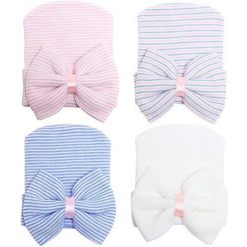 DRESHOW BQUBO 4 Pack Newborn Hospital Hat Infant Baby Hat Cap with Big Bow Soft Cute Knot Nursery Beanie