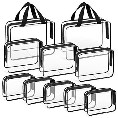 TISRATOK 10 PCS Clear Travel Makeup Toiletry Bag, Plastic PVC Cosmetic TSA Approved Organizer Kit with Zipper Handbag（Black）