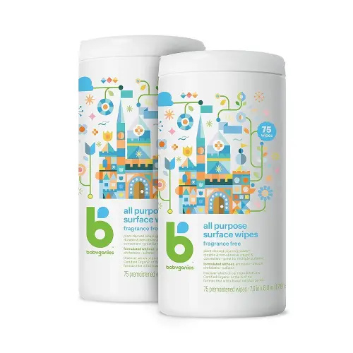 Babyganics All Purpose Surface Wipes, Fragrance-Free, 75 Count Plant Based and Non-Abrasive, No Ammonia, No Bleach (Pack of 2)
