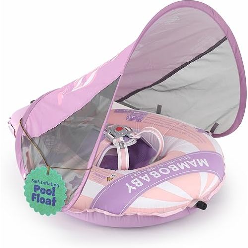 MAMBOBABYFLOAT Light Traveler 2025 — Safe, Comfortable, Adjustable Baby Pool Float with Canopy — Sun Protection, Self-Inflating, 5-Way Buckle System (Hot Air Balloon, Pink)