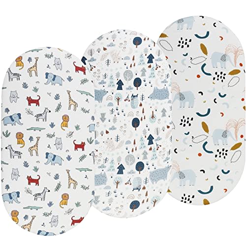 Bassinet Sheets 3 Pack for Baby Boy and Girl, Soft Stretchy Universal Fitted Sheet Set for Oval Rectangle Hourglass Bassinet Mattress, Woodland Animal Elephant Fox Lion Bear Giraffe Zebra Printing