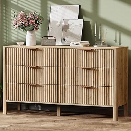 55" Wide Fluted 6 Drawer Dresser for Bedroom, Wooden Dresser Modern Chest of Drawers TV Stand Dressers with Organizer Storage for Bedroom, Living Room, Entryway, Oak