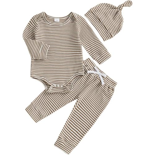 fhutpw Baby Boy Clothes 3 6 9 12 Months Striped Long Sleeve Romper Tops + Pants + Hat 3Pcs Infant Fall Winter Bodysuit Outfit