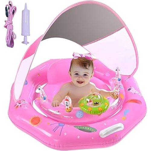 Baby Pool Float with Canopy UPF50+ Sun Protection, Inflatable Infant Pool Float with Adjustable Safety Seat & Toy Play Console，Baby Floatie for 6-36 Months Boys & Girls，Safety Handles & Leashes（Pink）