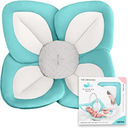 Blooming Bath Lotus Baby Bath Seat - Plush Minky Baby Sink Bathtub Cushion - The Original Washer-Safe Flower Seat for Newborns - Seafoam/White/Gray