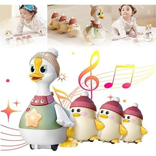 Swinging Duck Family, Tummy Time Duck Toy, Light-Up Walking with Baby Ducks, Crawling and Swinging Toys for 6-12 Month Toddlers (with 3 Baby)