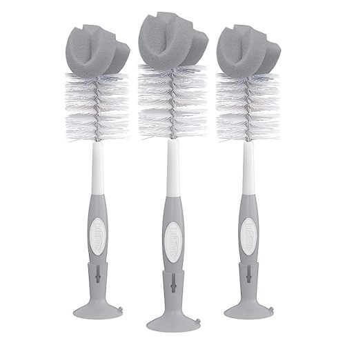 Dr. Brown's Reusable Sponge Baby Bottle Cleaning Brush Set with Suction Cup Stand, Scrubber and Nipple Cleaner, Gray, 3 Pack - 3 Pack, Gray Bottle Brush