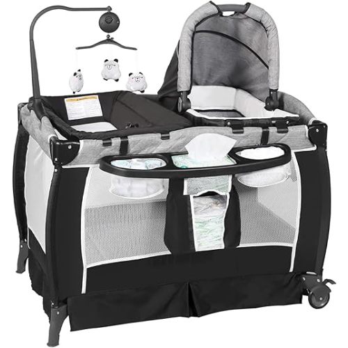 Kinder King 5 in 1 Portable Nursery Center, Foldable Playard for Baby & Toddler, Infant Pack n Play w/Bassinet, Mattress, Newborn Changing Table, Cradle, Travel Bag, Music & Toys, Storage Basket