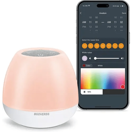 Baby Sound Machine,BGOVERSS White Noise Machine for Baby Sleeping with Night Light, Toddler Sleep Trainer with 24 Soothing Sounds, White Noise Soother with Timer, App Remote Control for Kids'Room Grey