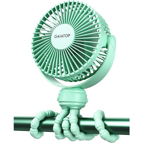 Gaiatop Mini Portable Stroller Fan, Battery Operated Small Clip on, Detachable 3 Speed Rechargeable, 360° Rotate Flexible Tripod Better Cooling for Car Seat Crib Treadmill Travel Green