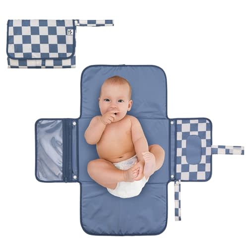 Tiny Twinkle Portable Diaper Changing Pad, Foldable Waterproof Baby Change Pad for Newborn Girl & Boy with Smart Wipes Pocket (Blue Checkers)