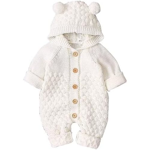 Baby Boy Girls Bear Winter Hooded Jumpsuit Knitted Sweater Romper Long Sleeve Breasted Bodysuit Warm Overalls