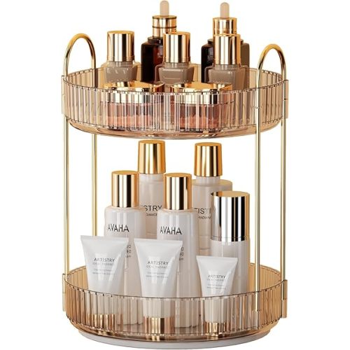 YCIA&DONE 360 Rotating Makeup Organizer and Storage for Vanity Countertop 2 Tiers, High Capacity Cosmetic Skincare Perfume Organizers for Dresser Bathroom Lazy Susan (Amber Gold)