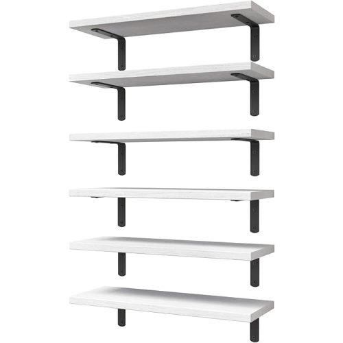 WOPITUES Floating Shelves Set of 6, Wood Rustic Farmhouse Shelves for Wall Decor, Bathroom Shelves, Book Shelves for Living Room-White
