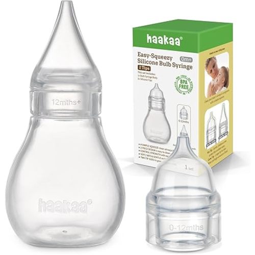 Haakaa Silicone Baby Nasal Aspirator | Nose Bulb Syringe | Easy-Squeezy Baby Nose Cleaner, 0m+ Newborn Infant &Toddler - BPA Free Silicone-2 Tips