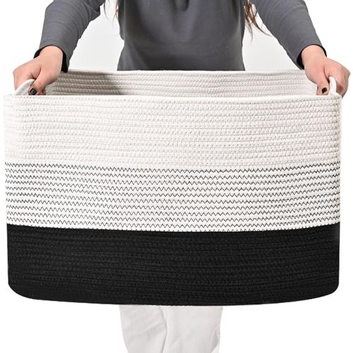 75L Large Rectangle Blanket Basket | Storage Basket for Organizing | Woven Nursery Cotton Rope Baskets for Storage | Baby Organizing Baskets | Cotton Rope Baskets for Storage - 22”x12”x17” - 3-Rope