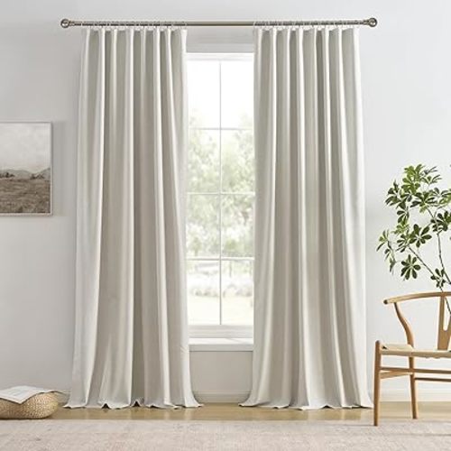 RAIN CITY 94 Inch Long Black Out Curtains 2 Panels Custom Drapery Neutral Blackout Pleated Ceiling Track Curtain for Dining Room Linen Textured Back Tab with Hooks 50"x94"