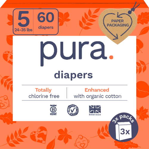 Pura Sensitive Soft Sustainable Baby Diapers Size 5, 60 Count (Choose Your Size and Count)