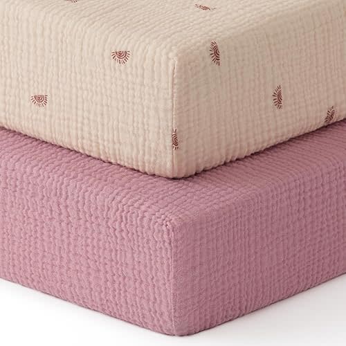 Blissful Diary Muslin Crib Sheets for Girl Boy, Boho Neutral Soft Cotton Baby Sheet for 52''x28'' Standard Crib Mattress, 2 Pack(Sunshine&Blush Pink)