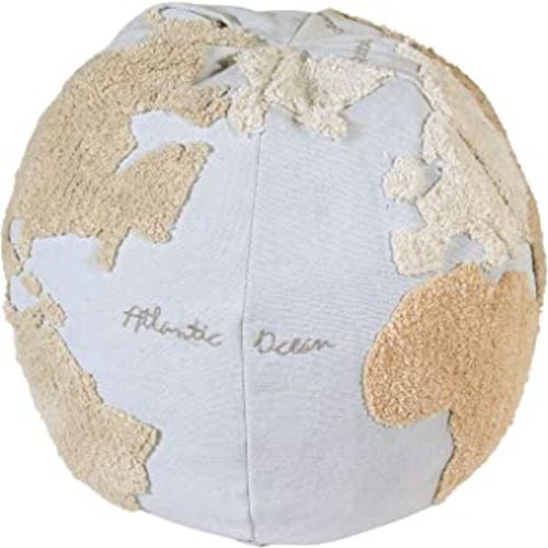 Lorena Canals USA Pouffe World Map, Light Blue, Natural, Linen, Beige, Grey, 1' 5" x Ø1' 8"