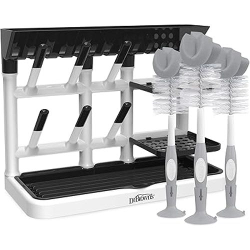 Dr. Brown's Drying Tower, Stand-Up Rack with Reusable Sponge Baby Bottle Cleaning Brush Set, 3-Pack, Grey