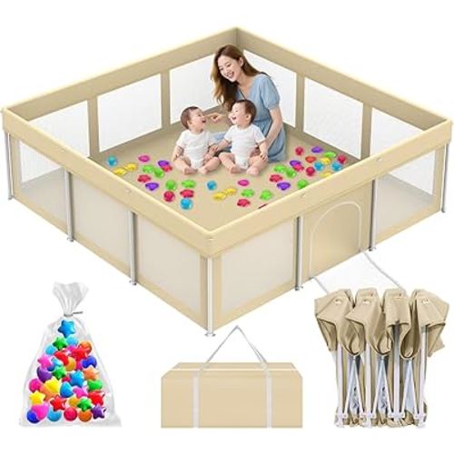 Foldable Large Playpen for Babies and Toddlers, 71"×71" Portable Playard with Carry Bag & 150 Ocean Balls, Indoor & Outdoor Baby Fence with Thick Mesh, No Assembly Required, Mat Not Included, Beige