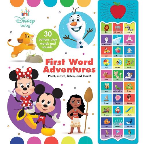 Disney Baby Mickey Mouse, Minnie, Frozen, Moana, and More! - First Word Adventures: Point, Match, Listen, and Learn! 30-Button Sound Book - Great for First Words - PI Kids