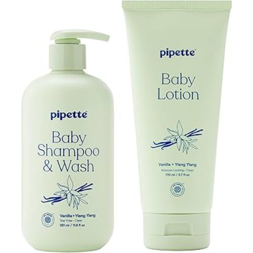 Pipette Vanilla + Ylang Ylang Baby Shampoo + Wash and Baby Lotion Duo, Tear-Free Bath Time, Sulfate and Paraben-Free, Made for Sensitive Skin, Hypoallergenic, Non-Toxic (Pack of 2)