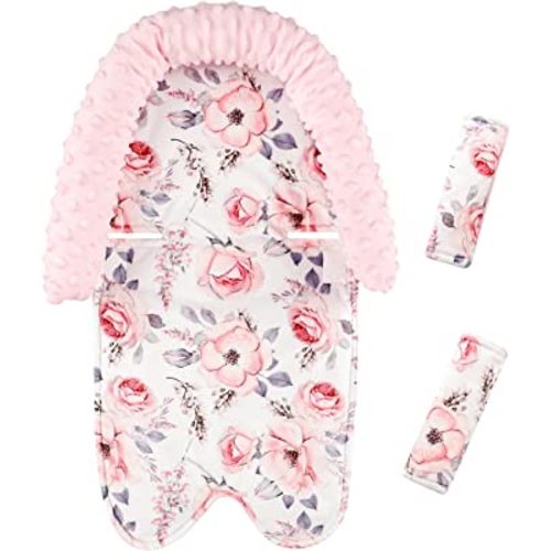 Baby Head Support and Strap Cover for Car Seat, Minky Infant Carseat Headrest for Girls, Newborn Car Seat Insert Cushion for Strollers, Pink Floral