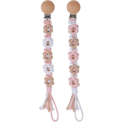 Pacifier Clip for Boys Girls Floral Daisy Macrame Baby Paci Clip Pacifier Holder Leash Boho Wooden Clips Handmade Braided Cotton Binky Clips (2pack:Khaki Style × 2)