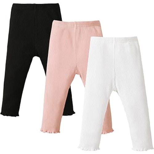 SOBOWO Baby Girl Leggings Pants Toddler Girls Solid Ribbed Pants 3 Pack Ruffle Bottoms Trouser Fall Winter Clothes 9M-3T