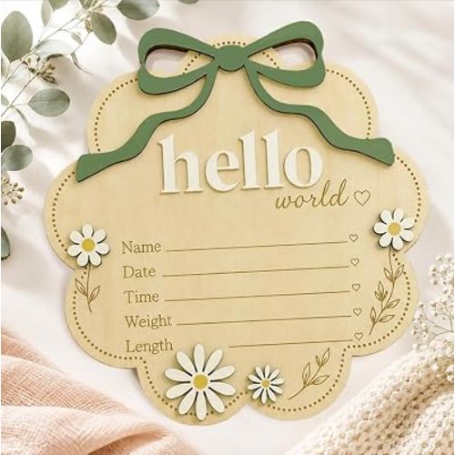 Hello World Baby Announcement Wooden Welcome Baby Sign Hello World Newborn Sign Birth Announcement Sign with Green Bow&Daisy Welcome Name Sign for Hospital Photo Prop Nursery Decor Keepsake Gift