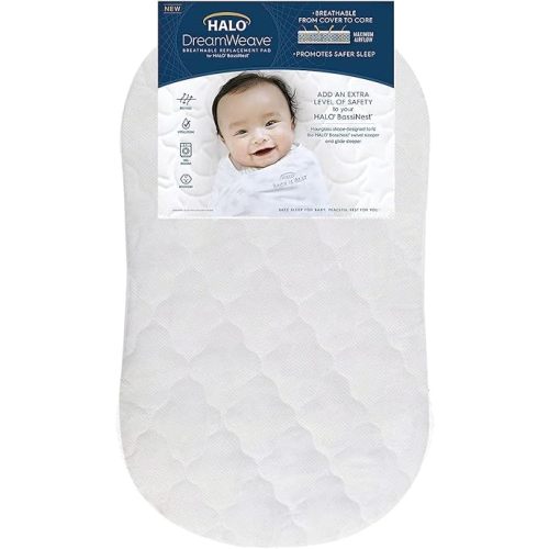 HALO DreamWeave Breathable Mesh BassiNest Mattress Replacement Pad – 100% Machine Washable Cover – Hypoallergenic, Non-Toxic Materials – 30” x 18” x 1.3”