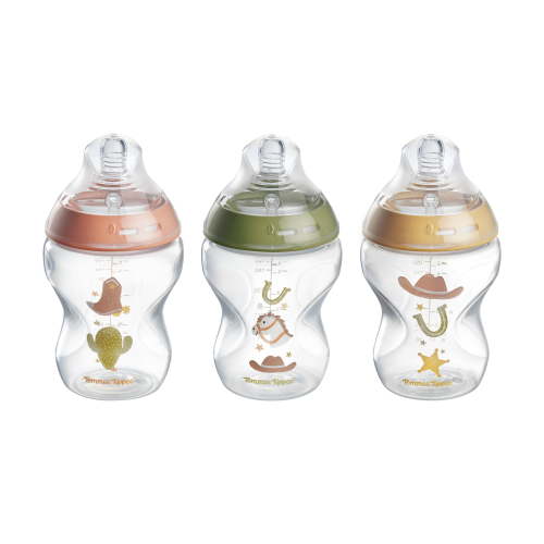 Tommee Tippee Natural Start Baby Bottles for 0m+, Pack of 3, 9oz Baby Bottles, with Slow Flow Breast-Like Nipple for a Natural Latch, Self-Sterilizing and BPA Free, Decorated