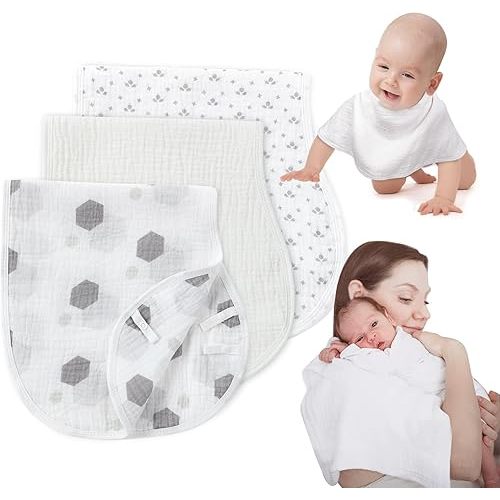 Muslin Burp Cloths with Snaps, Multi-Use Burpy Bib 100% Natural Cotton,Large 22"X11" Extra Absorbent Burping Cloth for Baby Girl & Boy, Grey & White