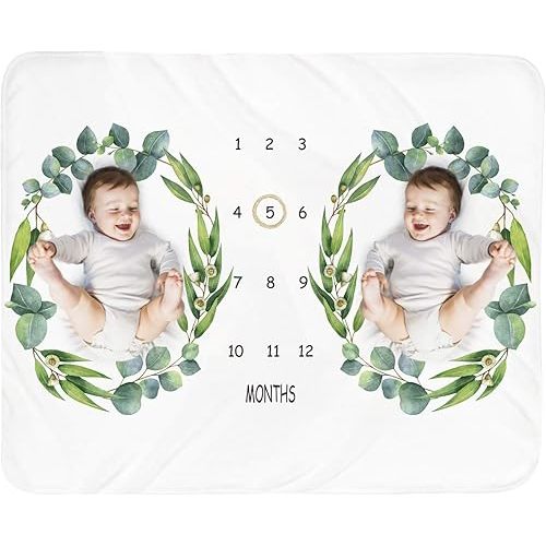 Baby Monthly Milestone Blanket Twins - Newborn Month Blanket Unisex Neutral Personalized Shower Gift Leaf Nursery Decor Photography Background Prop with Wooden Wreath Large 51''x40''