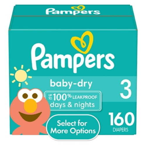 Pampers Baby-Dry Diapers, Size 3, 160 Count - Hypoallergenic, Leakproof, with Lock-Away Channels and Dri-Weave Liner