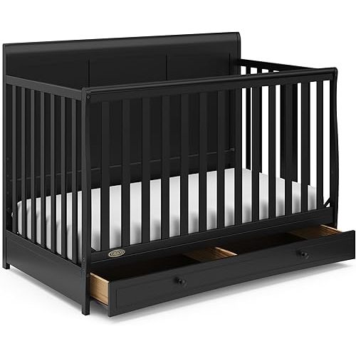 Graco Asheville 5-in-1 Convertible Crib with Drawer – GREENGUARD Gold Certified, Crib with Drawer Combo, Full-Size Nursery Storage Drawer, Converts to Toddler Bed, Daybed and Full-Size Bed (Black)