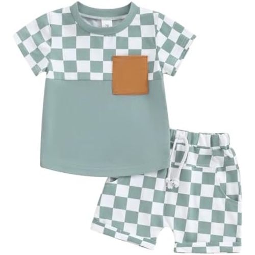 Toddler Baby Boy Girl Summer Clothes Checkerboard Print Short Sleeve T-Shirt Tee Tops Rolled Shorts Infant Outfits