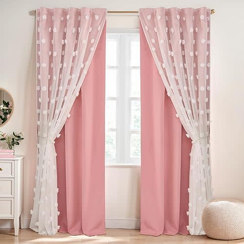 Alsoo Pink Blackout Curtains for Girls Bedroom Double Layer Cute Nursery Curtains 84 inch Length Room Darkening with Sheer White Pom Pom Rod Pocket Magnetic Tiebacks Set of 2 Panels W52 x L84