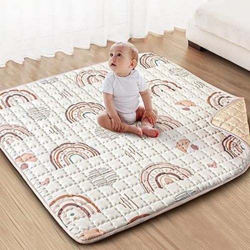 Baby Play Mat: 50x50 Playpen Mat with Super Soft Touch Activity Mat with Anti-Slip Bottom Machine Washable Nursery Rug for Floor & Playard (Boho Rainbow)