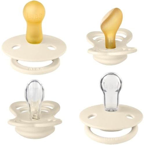 BIBS Try-It Collection | 4-Pack Soothers | BPA-Free Round, Anatomical & Symmetrical Nipple | Natural Rubber Latex/Silicone | Made in Denmark | 6-18 Months | Ivory