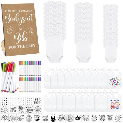 Panitay 100 Pcs Blank Bib Bodysuit Baby Shower Set Baby Shower Sign Blank Feeder Bib DIY Bodysuit Fabric Colorful Marker(Retro)