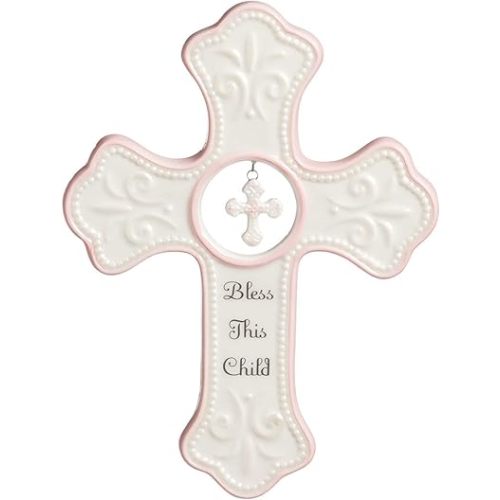 DEMDACO Bless This Child Soft Pink 7 x 5 Porcelain Ceramic Hanging Wall Cross