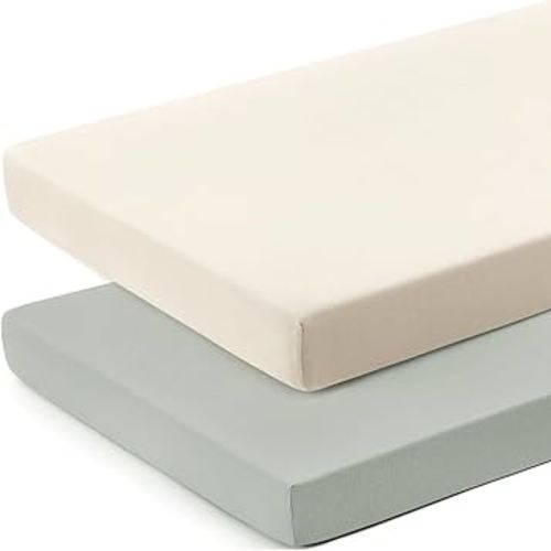 GRSSDER Mini Crib Sheets Fitted, Pack and Play Sheets 2 Pack, Ultra Soft Stretchy Pack N Play Sheets, Universal Fit for Playard Mattress, Jersey Crib Sheets Neutral for Boys and Girls, Beige/Gray