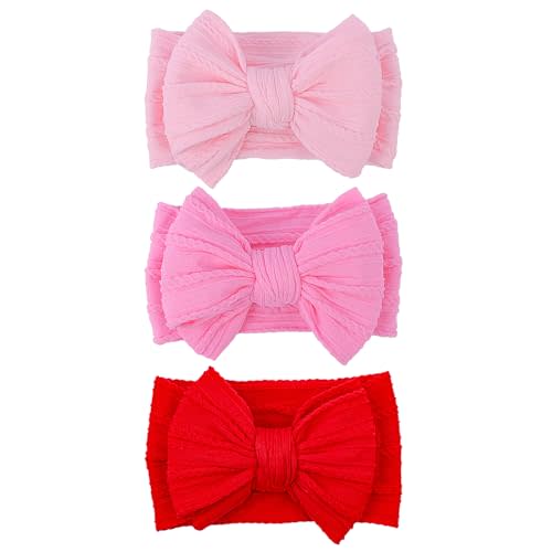 LemonSpace Handmade Red Baby girls Nylon Headband Bows Newborn Red Mix3Pcs | High Stretchy Soft Nylon Infant Headwrap Newborn Red Pink Hair Accessories Wonderful Gift for Mother's day,Baby Shower